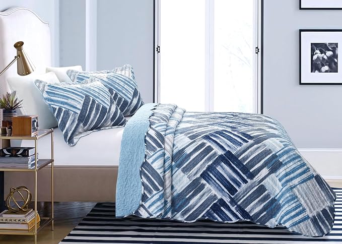 Brilliant Sunshine Blue and Grey Stripe Blocks Patchwork, 3-Piece Quilt Set - Image 7