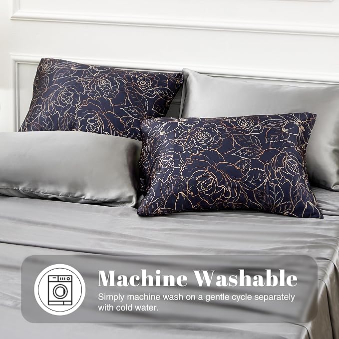EXQ Home Satin Pillowcase for Hair and Skin- Rose on Blue Silk Pillowcase 2 - Image 2