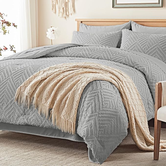Zzlpp King Comforter Set 7 Pieces, Light Grey Tufted Bed in a Bag by ZZLPP