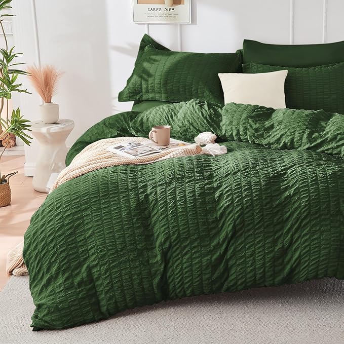 HYMOKEGE Dark Green California King Comforter Set Seersucker 7 Pieces, All - Image 2