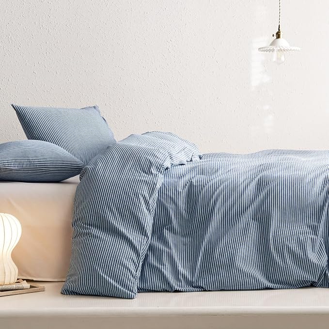 Wake In Cloud - Striped Cotton Duvet Cover Set, 100% Washed Cotton Textured - Image 5