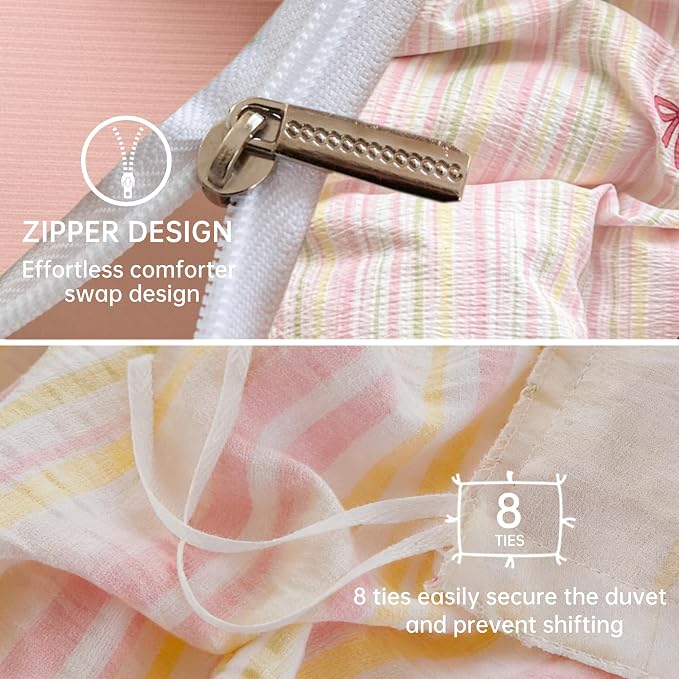 BOLINLIVING Pink Bow Duvet Cover Queen Size, Girls Cute Striped Bowknot Yellow - Image 4