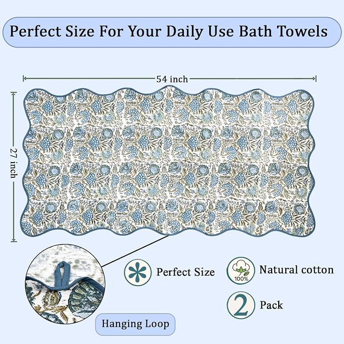 Ridhi Asparagus Green Hand Block Print Waffle Scallope Cotton Bath Towel Set of - Image 4
