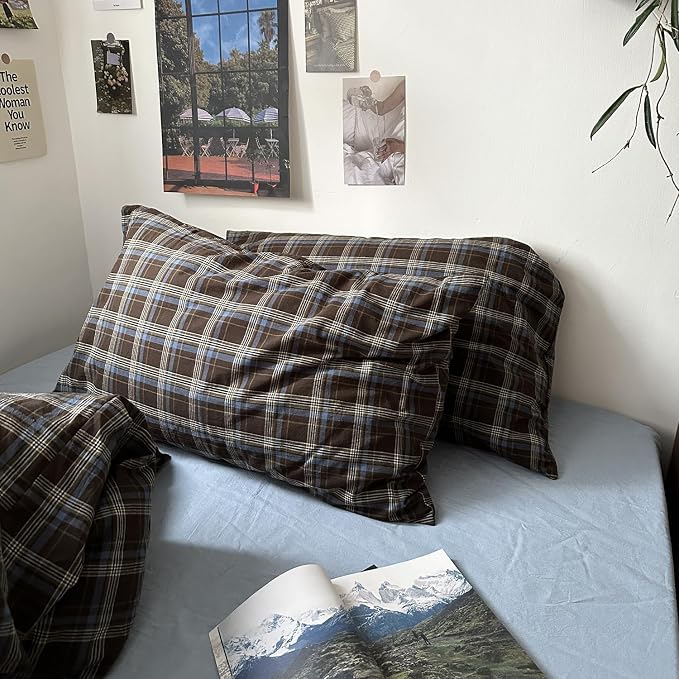 mixinni Vintage Brown & Blue Buffalo Plaid Duvet Cover Set Twin XL Size - Image 6