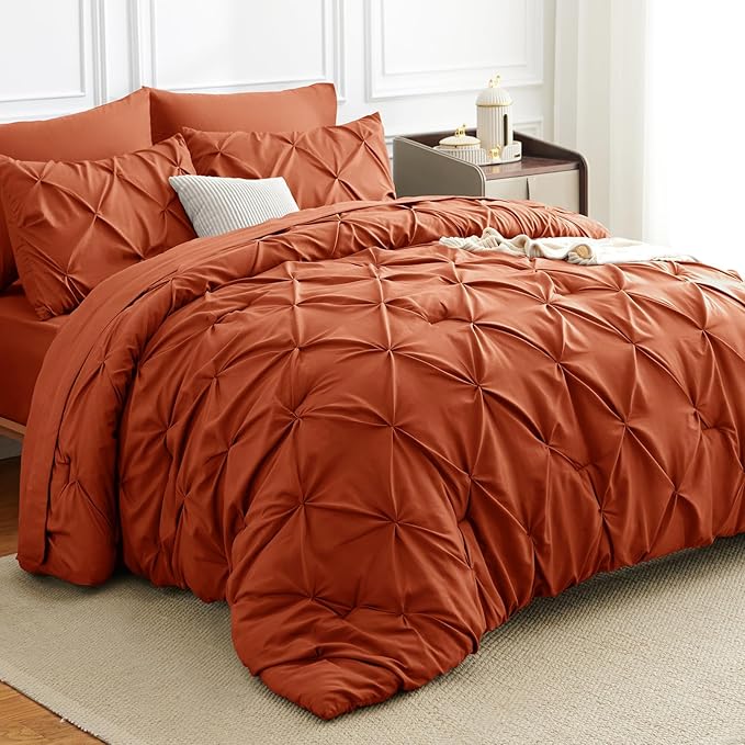 CozyLux Full Size Comforter Sets Burnt Orange, 7 Pieces Pintuck Bed in A Bag - Image 4