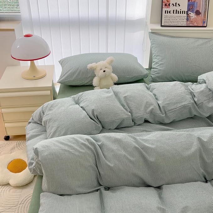 mixinni Green Striped Duvet Cover Twin Size - Image 5