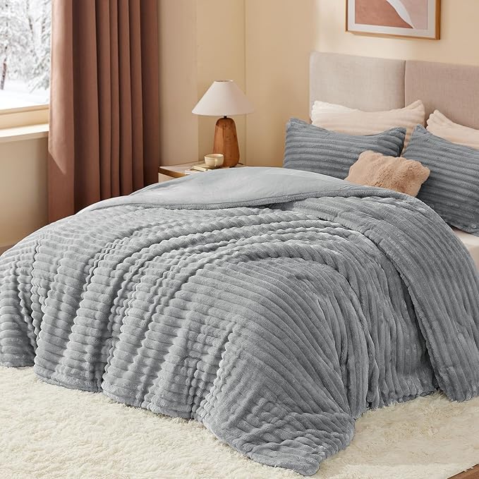 BEDELITE Fleece Queen Comforter Set -Super Soft & Warm Fluffy Light Grey Bedding - Image 2