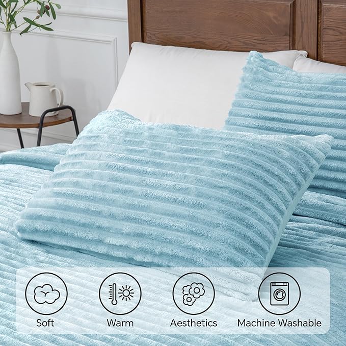 BEDELITE Fleece Queen Comforter Set -Super Soft & Warm Fluffy Light Blue Bedding - Image 5