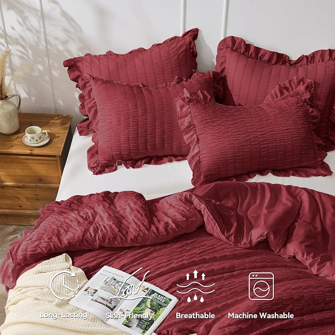 JOLLYVOGUE Twin Size Comforter Set, 2 Pieces Burgundy Seersucker Lightweight - Image 2
