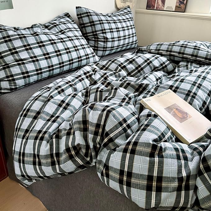 mixinni Vintage Grey & Pale Blue Buffalo Plaid Duvet Cover Set Full Size - Image 6