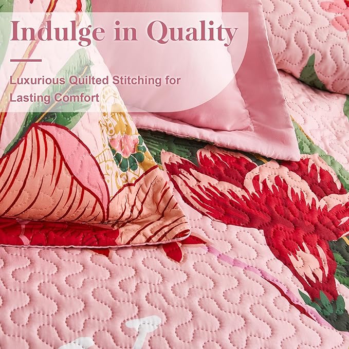 Tyrot 3 Piece Pink Boho Floral Californial King Quilt Sets Farmhouse Botanical - Image 4