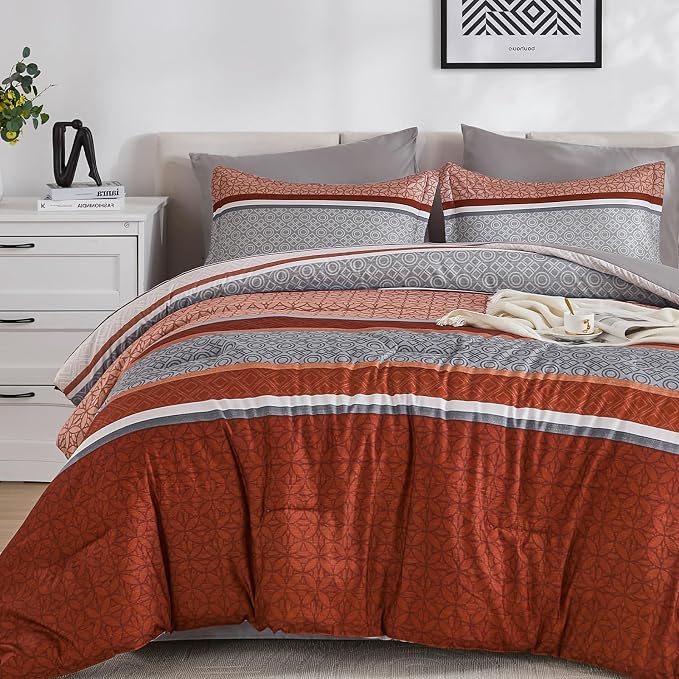WONGS BEDDING 7 Pieces Comforter Set Queen Size, Burnt Orange Striped Bed in a - Image 8