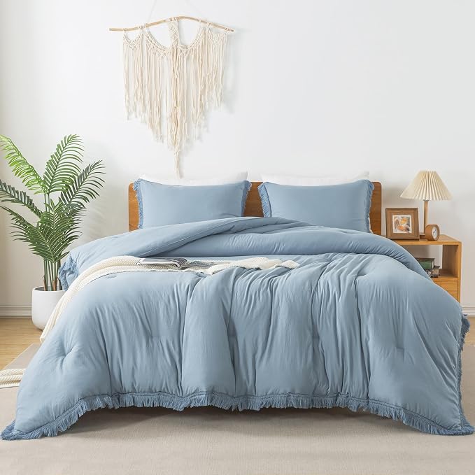 Andency Grayish Blue Comforter Set California King, 3 Pieces Boho Tassel - Image 7