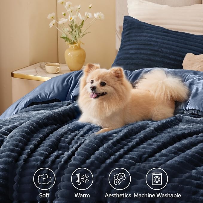 BEDELITE Fleece Queen Comforter Set -Super Soft & Warm Fluffy Navy Blue Bedding - Image 3