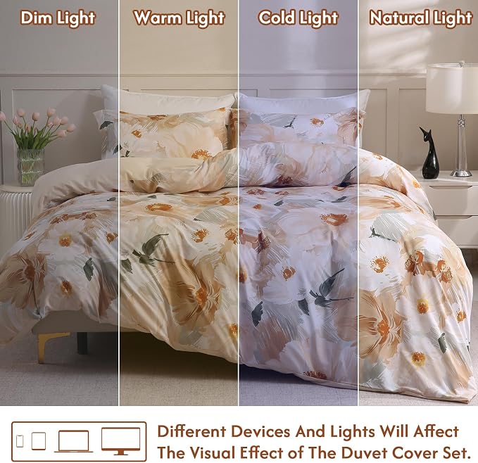 LONAVA King Flower 3 Pcs Duvet Cover Set, Breathable Soft Microfiber Biege - Image 5