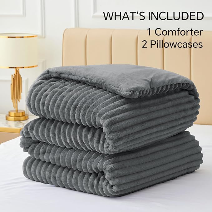 BEDELITE Fleece Queen Comforter Set -Super Soft & Warm Fluffy Grey Bedding - Image 6