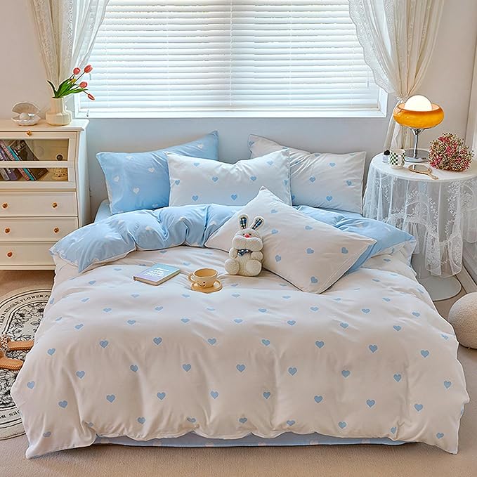 BOLINLIVING Cute Duvet Cover Queen Size, Reversible Light Blue & White Heart by BOLINLIVING