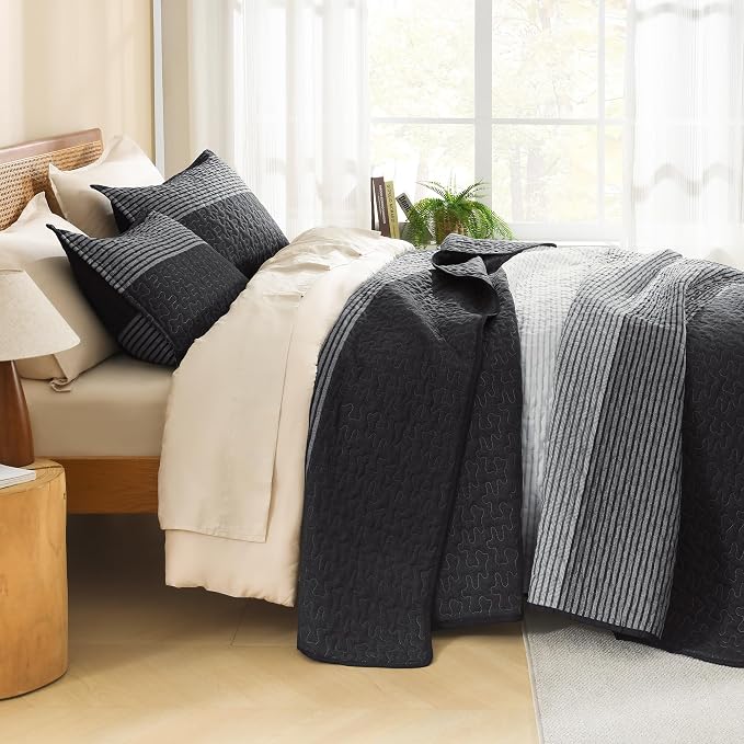 Litanika Twin Quilt Set Black, 68x86 Stripe Bedspread Coverlet 2 Pieces - Image 2