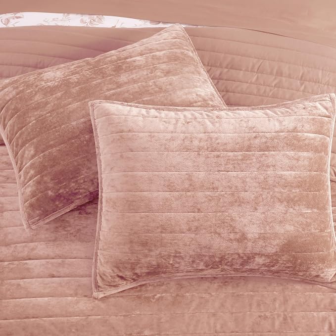 WRENSONGE Velvet Queen Quilt Set-3 Pieces Clay Pink Luxurious Velvet Striped - Image 8