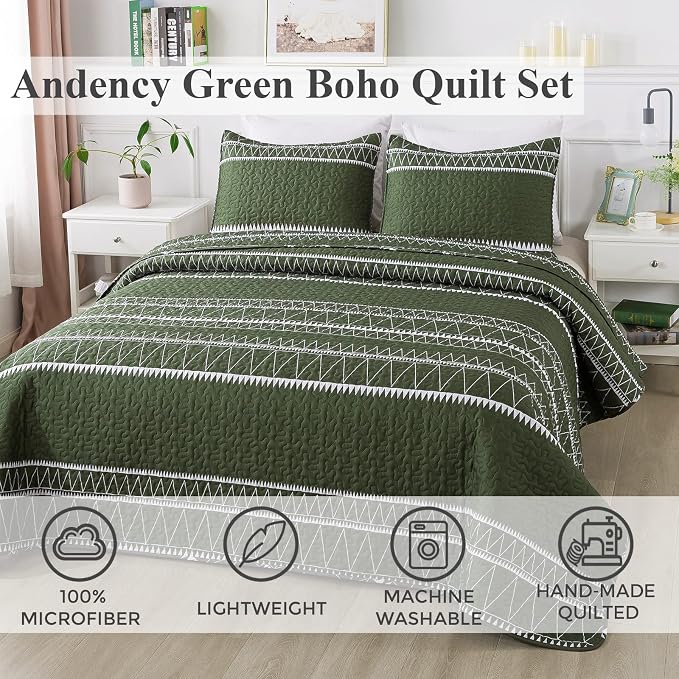 Andency Green King Size Quilt Set, 3 Pieces Boho Lightweight Soft Striped - Image 2