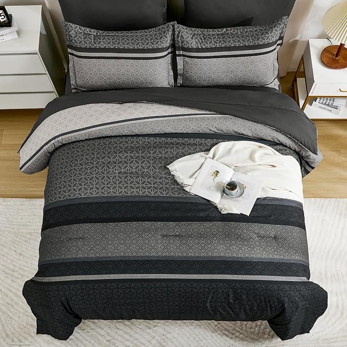 WONGS BEDDING Comforter Set Full Size, Dark Grey Striped 7 Pieces Bed in a Bag - Image 4