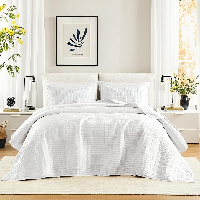 Comfort Spaces White Oversized King Quilt Set 120"x118" Bedspread Quilted by ComfortSpaces