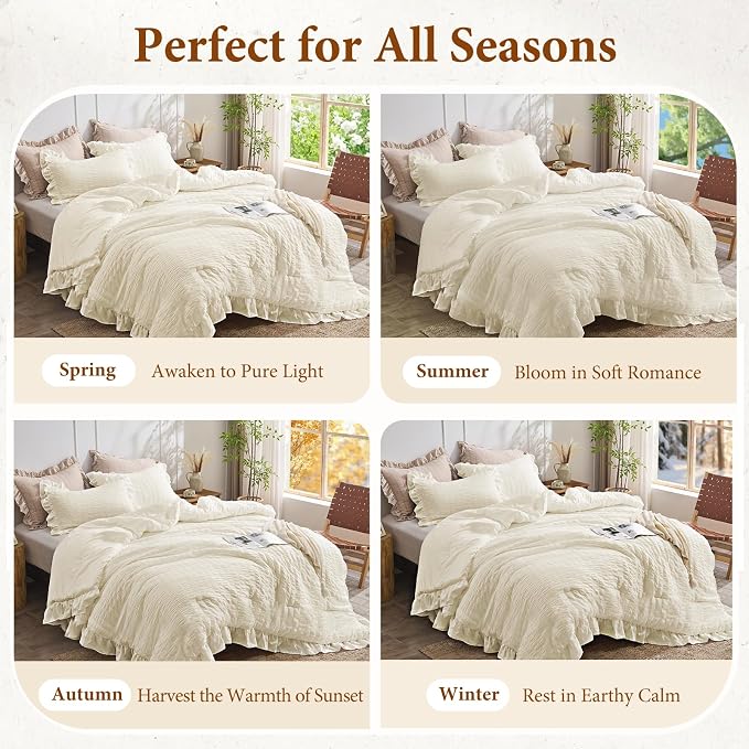 JOLLYVOGUE Ivory King Comforter Set, 3 Pieces Seersucker Comforters King Size - Image 6