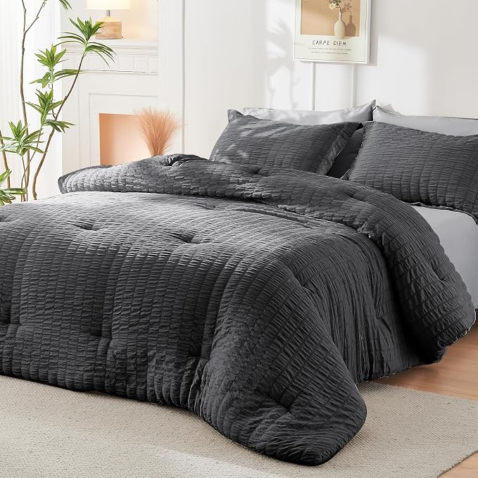 HYMOKEGE Dark Grey/Light Grey Full Size Comforter Sets Seersucker 7 Pieces - Image 8