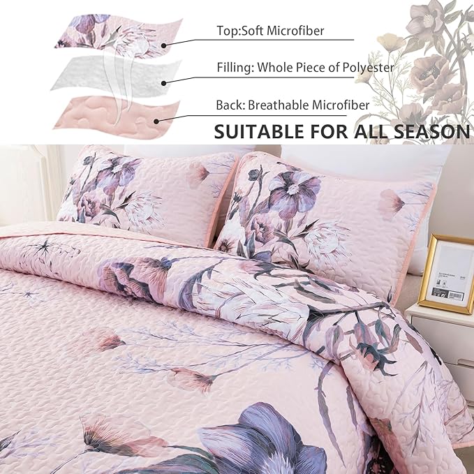 Floral Quilt Set Queen 3 Pieces Pink Floral Quilt Coverlet Set Soft Microfiber - Image 5