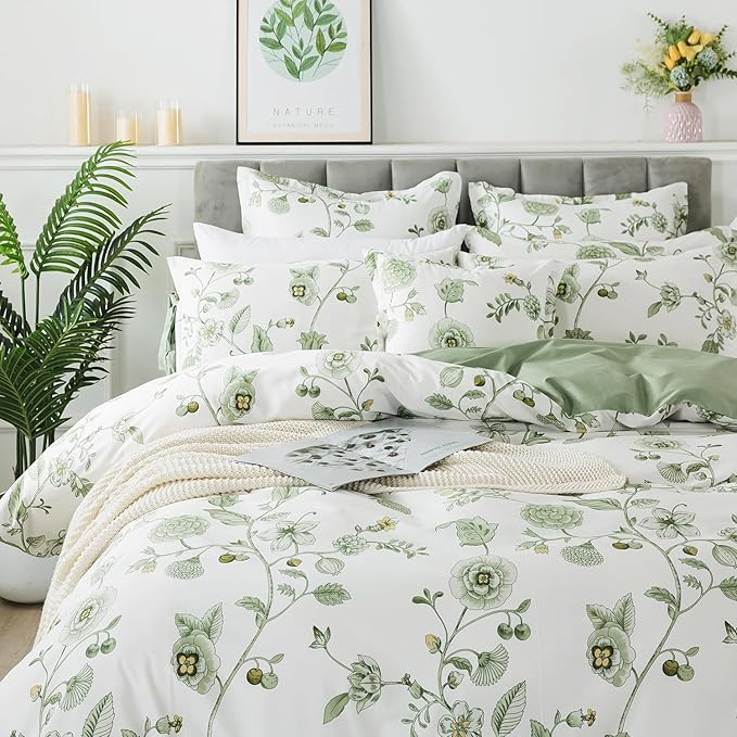 FADFAY Green Duvet Cover Set Twin Floral Bedding 100% Cotton Shabby Vintage - Image 8