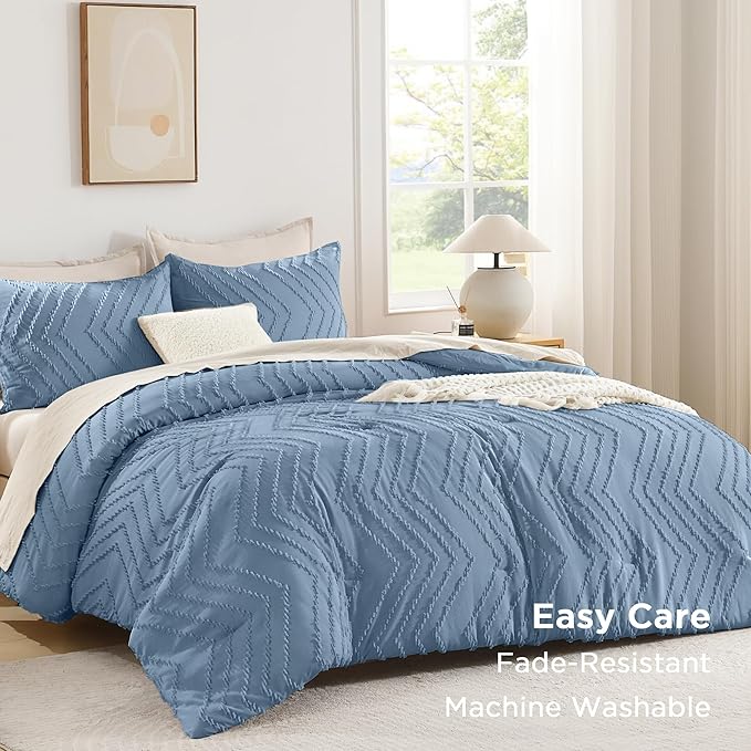 Andency Greyish Blue Oversized Queen Comforter Set, Boho Soft Warm Bedding - Image 3