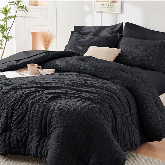 HYMOKEGE Black Oversized King Comforter Set Seersucker 7 Pieces, All Season by HYMOKEGE