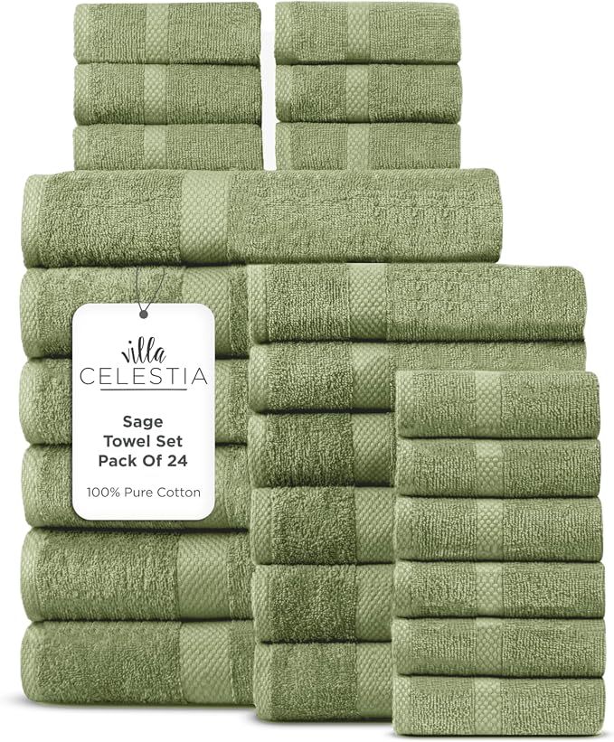 100% Cotton Bath Towel Set of 24-6 Bath Towels, 6 Hand Towels, 12 Wash Cloths by VillaCelestia