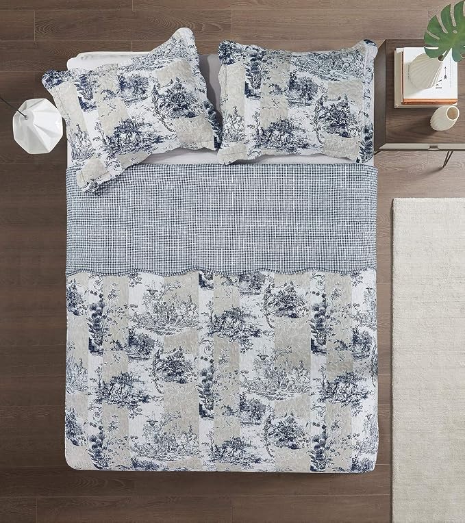 Brilliant Sunshine Blue Toile in Beige and Ivory Patches, 3-Piece Quilt Set - Image 7