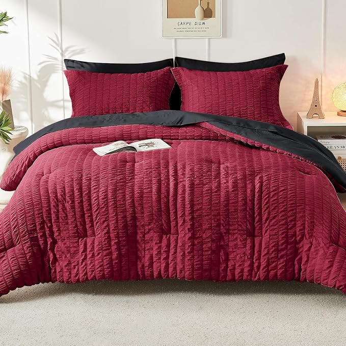 HYMOKEGE Red & Black California King Comforter Set Seersucker 7 Pieces - Image 8