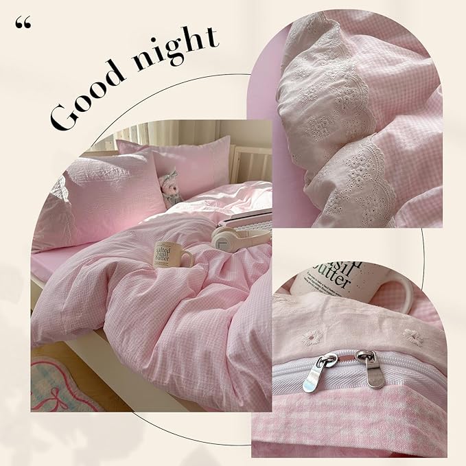 mixinni Pink Gingham Duvet Cover King Size - Image 6