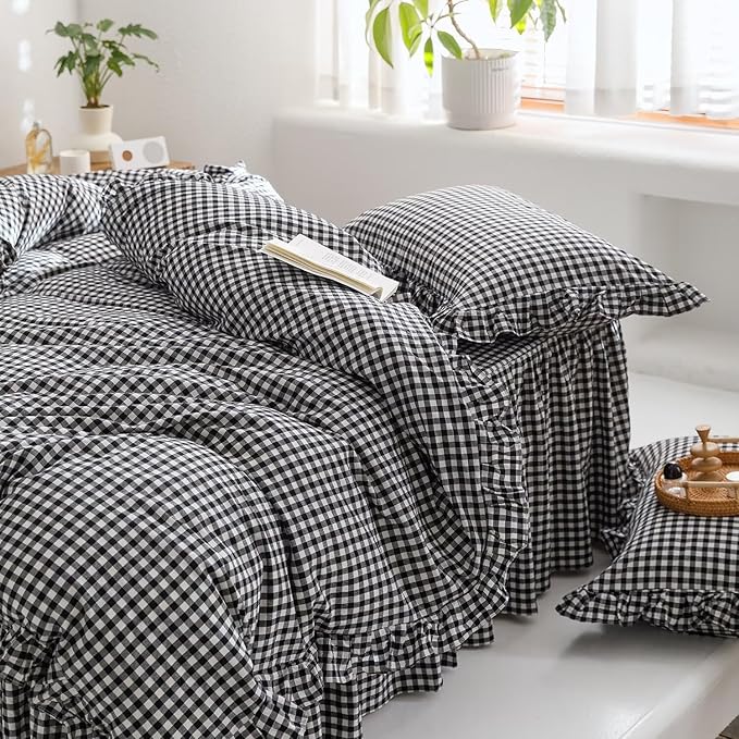 mixinni Black White Gingham Ruffle Duvet Cover Queen Size 3 Pieces – 100% - Image 4