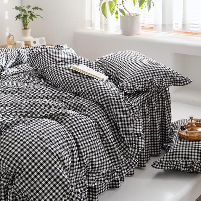 MKXI Black and White Gingham Duvet Cover King, 3-Piece Ruffled Bedding Set - Image 4