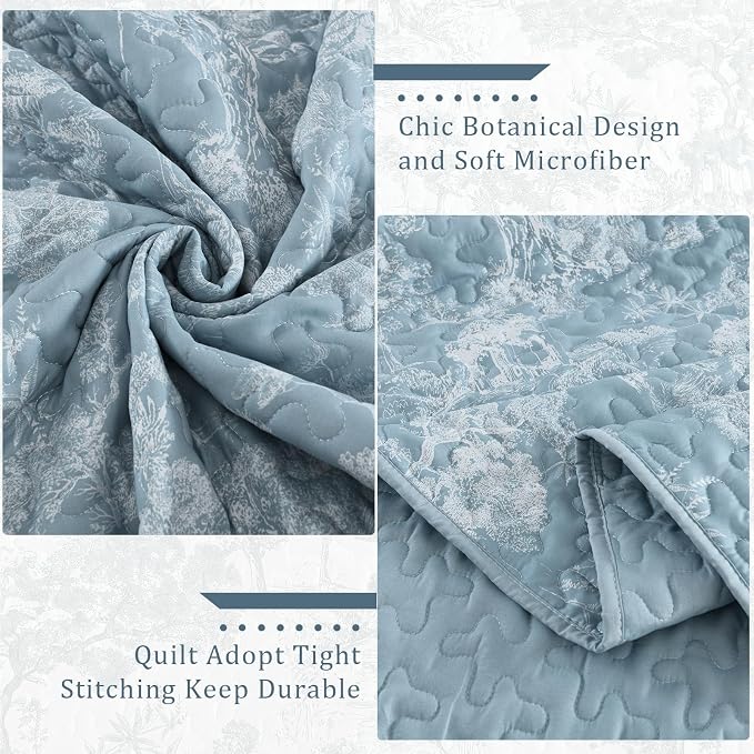 WONGS BEDDING Botanical Quilt Set Queen Size, Aqua 3 Pieces Toile Floral Plants - Image 6
