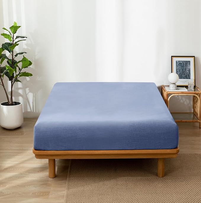 MooMee Fitted Bottom Sheet Only 100% Washed Cotton Linen Like Textured - Image 2