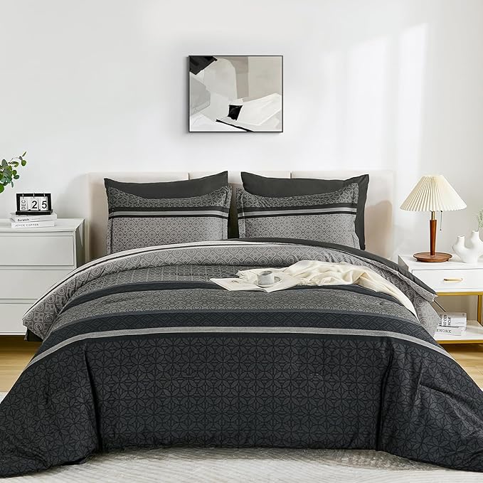 WONGS BEDDING 7 Pieces Comforter Set King Size, Dark Grey Black Striped Bed in - Image 2