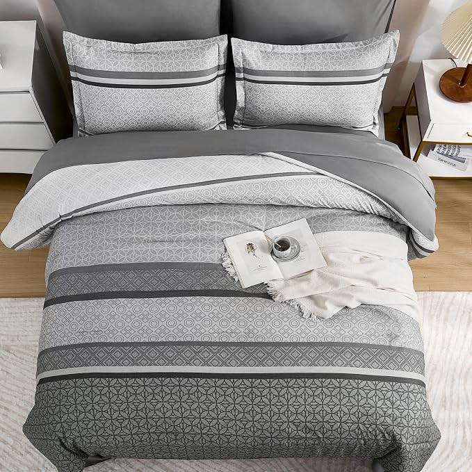 WONGS BEDDING Grey Comforter Set Queen Size, 7 Pieces Striped Bed in a Bag - Image 4