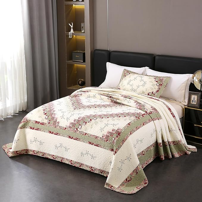 ROOMLIFE Quilt Set King Size 3D Floral Embroidery Pattern 3-Piece Cotton by ROOMLIFE