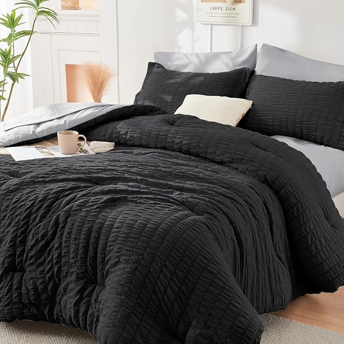 HYMOKEGE Black/Light Grey California King Comforter Set Seersucker 7 Pieces by HYMOKEGE