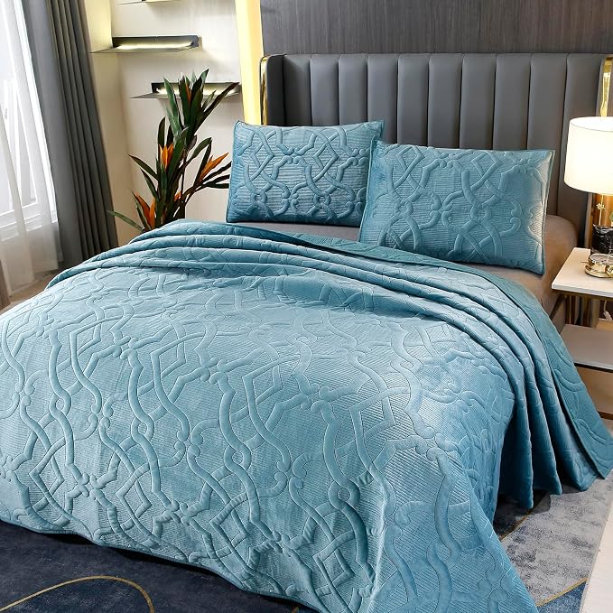 ROOMLIFE Quilt Set King Size 3D Floral Embroidery Pattern 3-Piece Cotton - Image 2