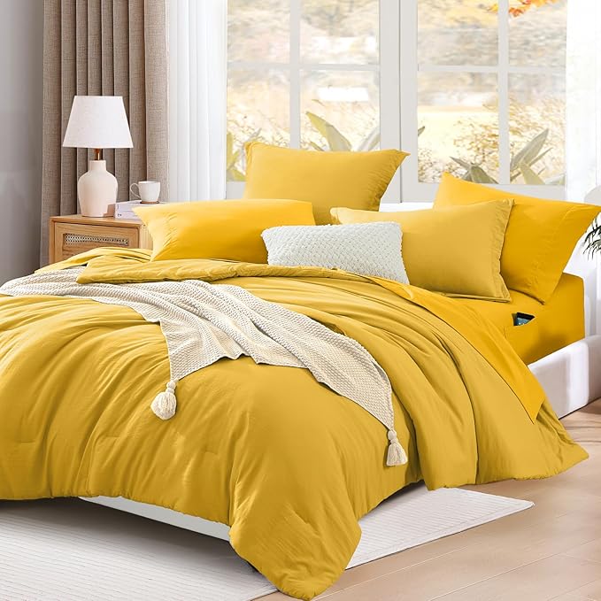 WRENSONGE King Size Comforter Set- 7 Pieces Soft Yellow Bed in a Bag - Image 3