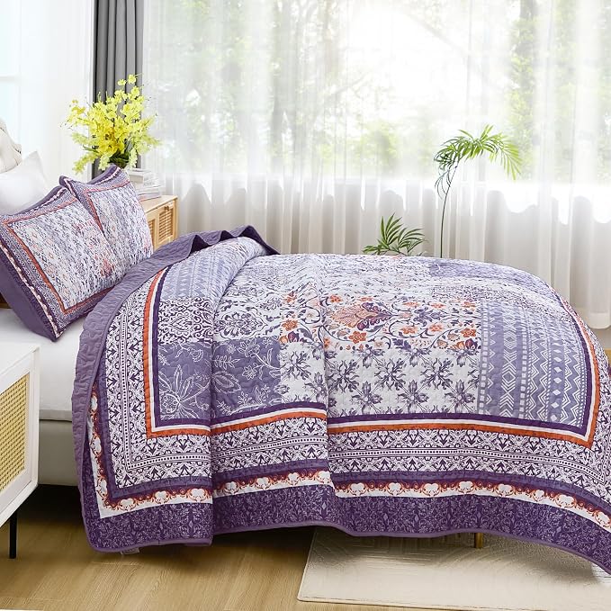 WONGS BEDDING Purle Quilt Set King Size, 3 Pieces Boho Patchwork Bedspread - Image 3