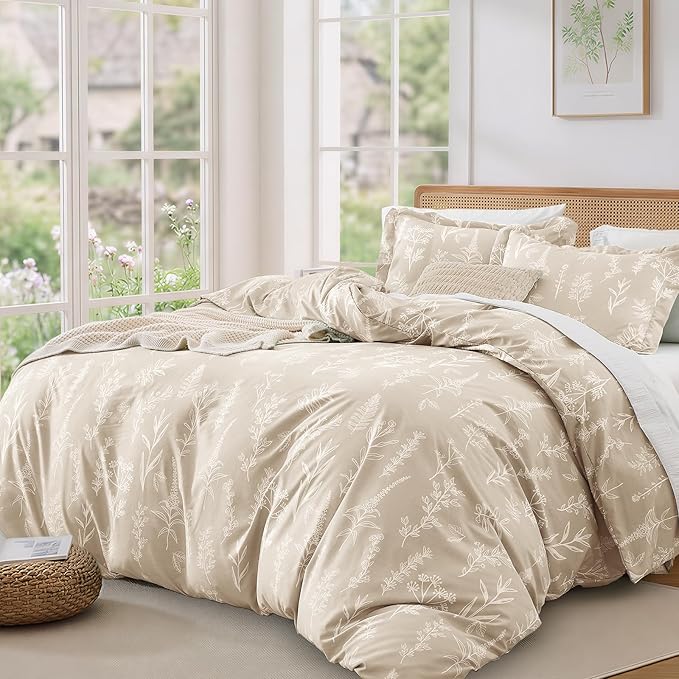 MUXHOMO Duvet Cover Queen Size, Reversible Floral Beige Duvet Cover Set - Image 9