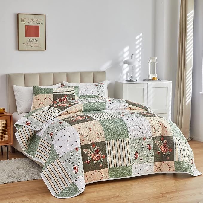Patchwork Quilt Set California King Size, 3 Pieces Green Floral Plaid Summer - Image 6