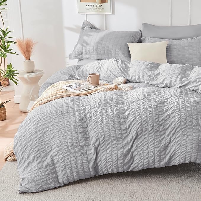 HYMOKEGE Light Grey King Size Comforter Set Seersucker 7 Pieces, All Season - Image 2